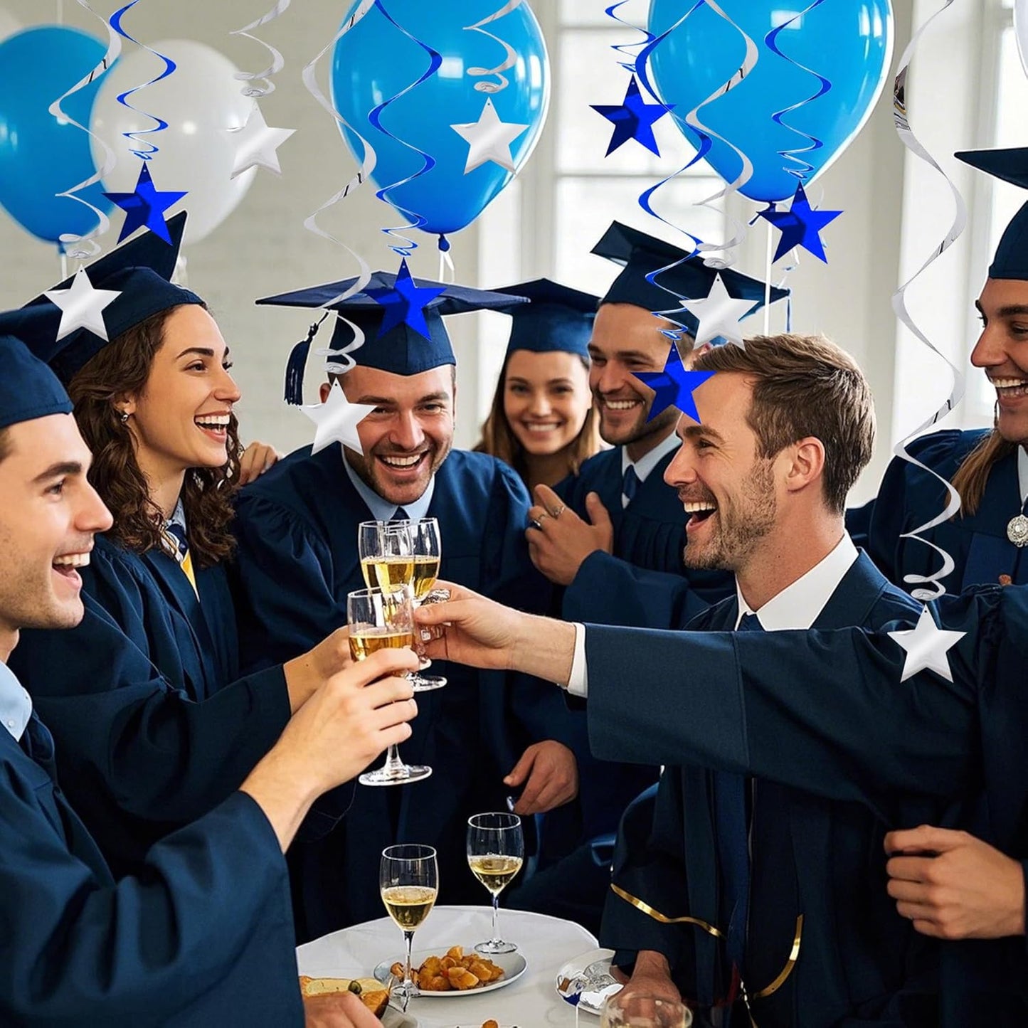 BEISHIDA Blue Silver Stars Hanging Swirls Bachelorette Graduation Hanging Ornament Decorations for Birthday Party Baby Shower Supplies Congrats Grade 2025 Graduation Decorations,Pack of 15