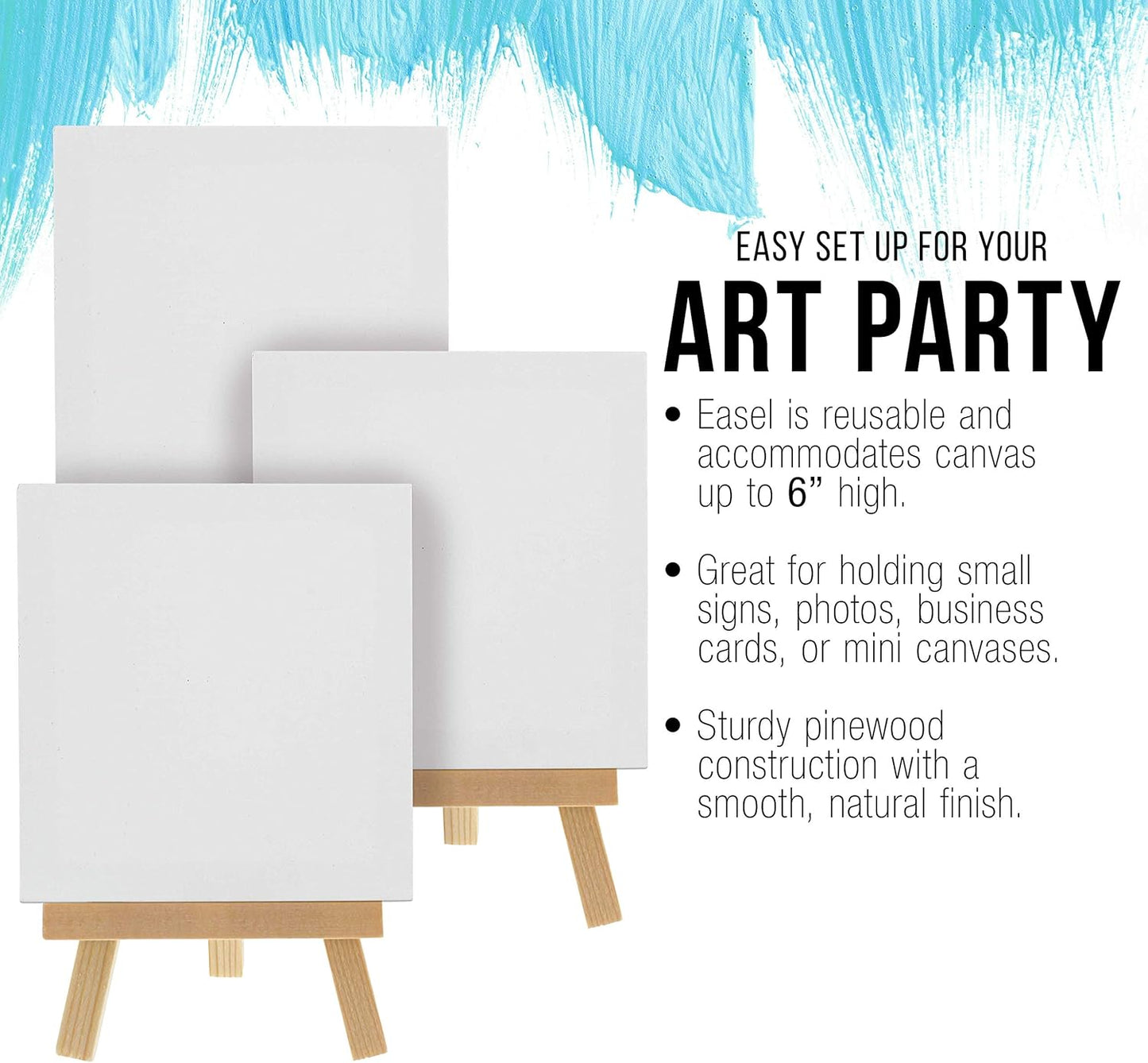 U.S. Art Supply 5" x 5" Stretched Canvas with 8" High Small Natural Wooden Easel (12 Pack), A-Frame Canvas Stand Tripod, Small Painting Easels - Tabletop Easel for Painting, Canvases, Student Crafts