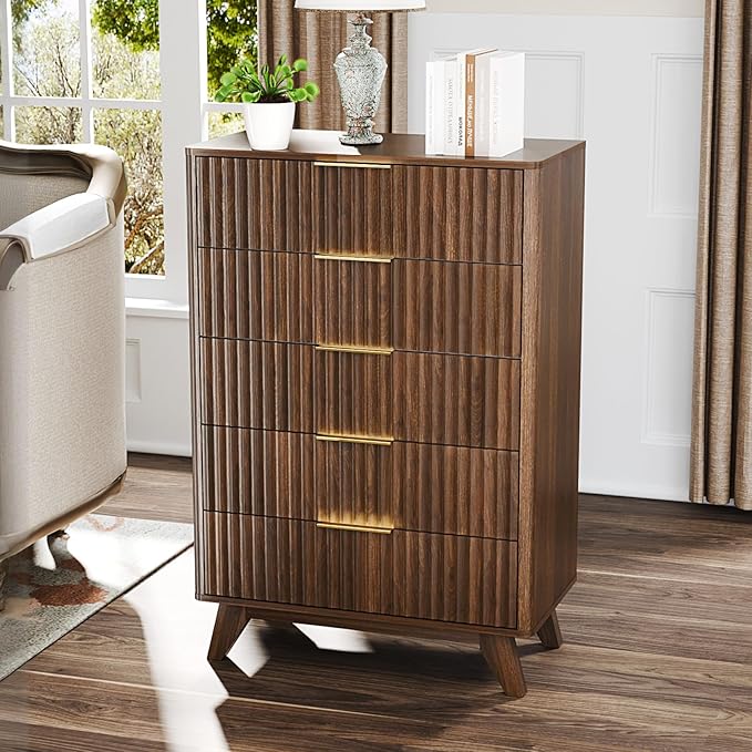 VINGLI Fluted Tall Dresser 5 Drawer Chest of Drawers, Walnut Wood Dresser - Image 8