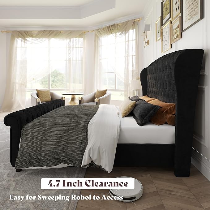AMERLIFE California King Size Platform Bed Frame, Velvet Upholstered Sleigh Bed - Image 6