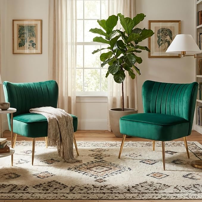 Velvet Accent Chair Set of 2 Comfy Living Room Chairs - Image 7