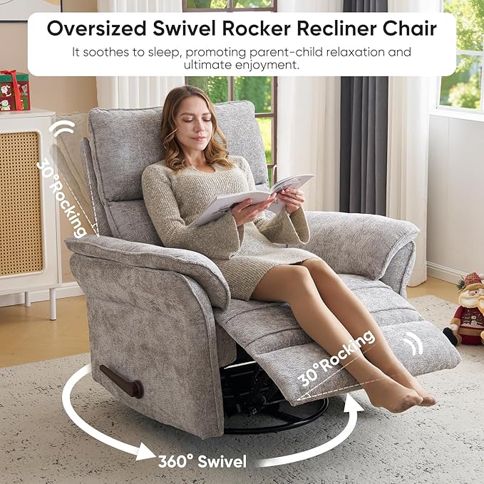 Rocking Chair Nursery with Adjustable Headrest, Manual Swivel Rocker Recliner - Image 4