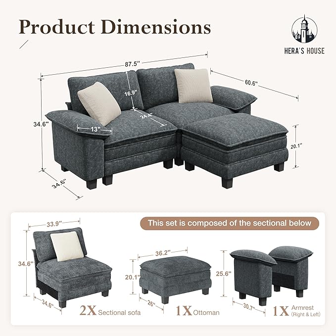 HERA'S HOUSE 88" Modular Sectional Sofa, L Shaped Couches - Image 2