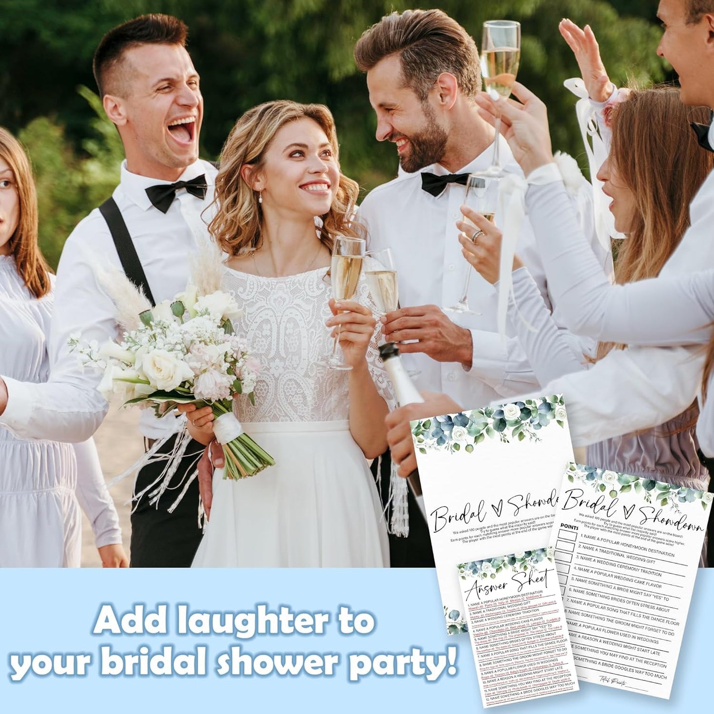 Bridal Showdown - Botanical Bridal Shower Game Cards - 50 Pcs Eucalyptus Leaves Game Cards - Funny Wedding Party Games for Bride & Groom - Activities for Bachelorette Party - A05