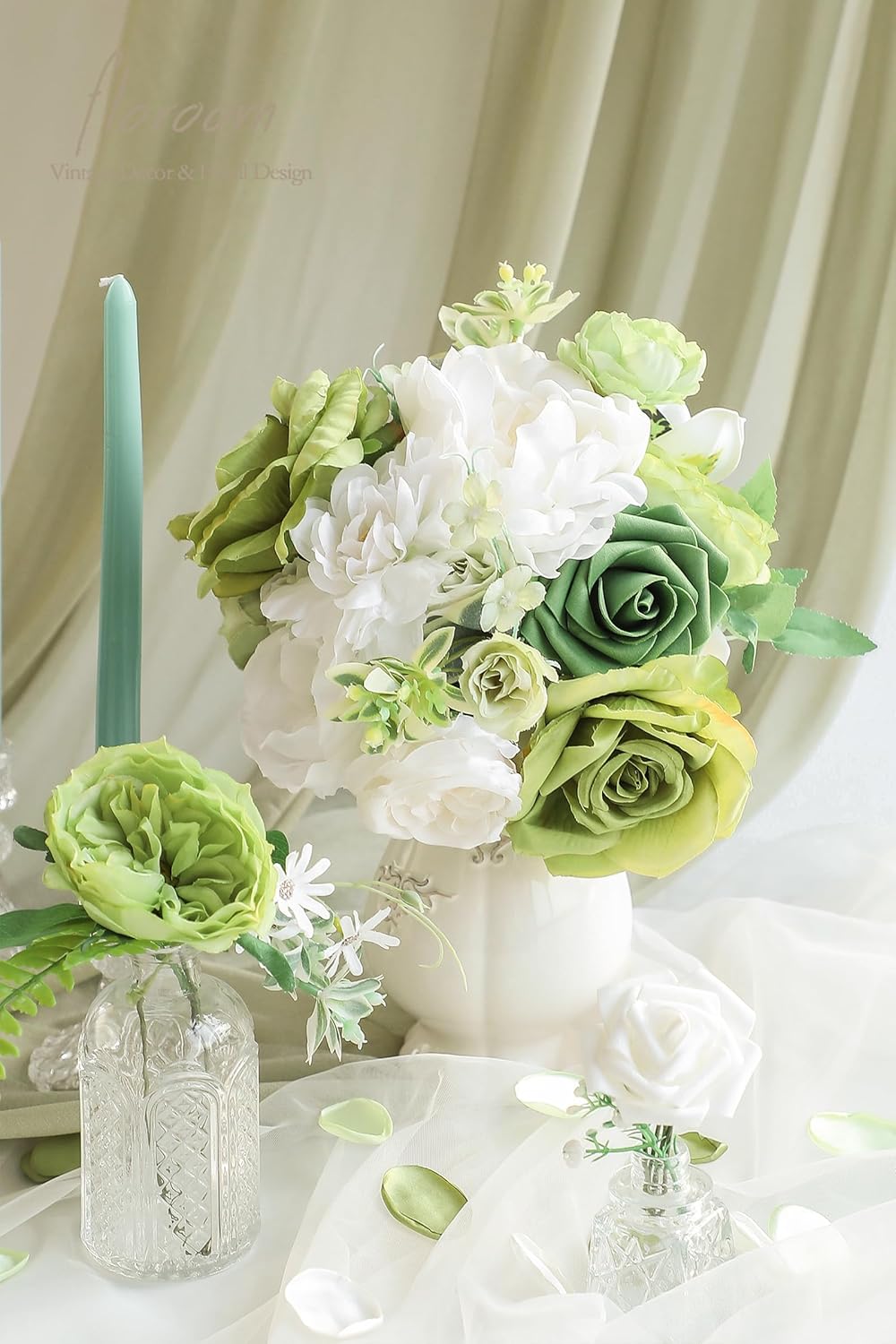 Floroom Olive Green White Artificial Flowers Fake Roses Peonies and Greenery Combo Box Set for DIY Wedding Bouquets Bridal Shower Centerpieces Floral Arrangements Party Tables Home Decorations