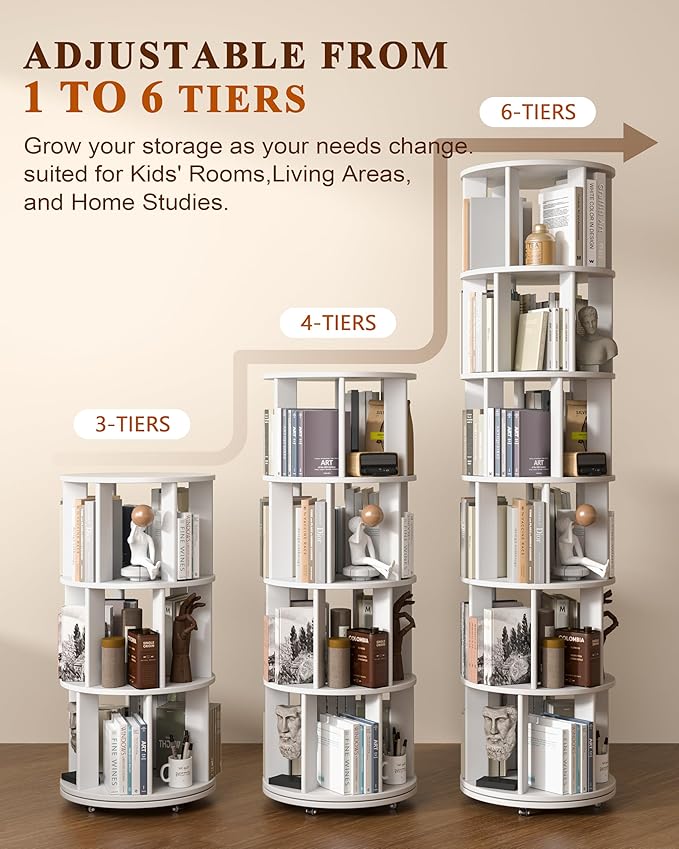 6-Tier Solid Wood Rotating Bookshelf on Wheels, 360° Spinning Book Shelf Tower - Image 4
