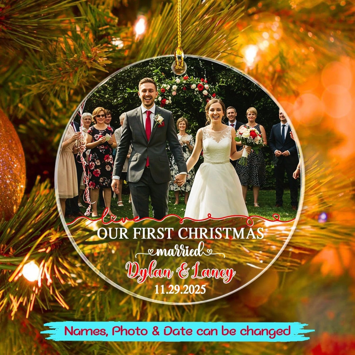 Customized Our First Christmas Married Ornament, Personalized Date/Names & Photo Just Married Ornaments Gift for Marriage Anniversary, Add Picture Couple Together Christmas Ornament for Newlyweds