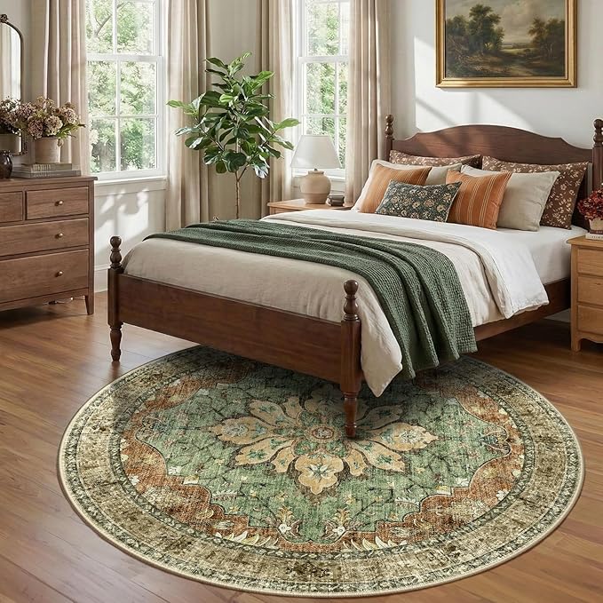 RELEANY Area Rugs Round 8ft Washable Non-Slip, Floral Vintage Distress Print - Image 3