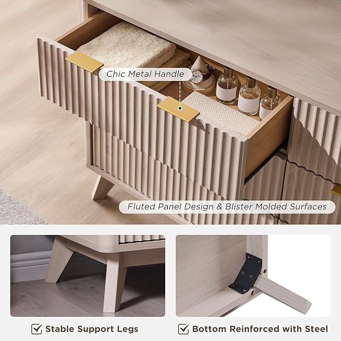 T4TREAM Fluted 6 Drawers Dresser, Curved Profile Design, Dresser TV Stand - Image 6