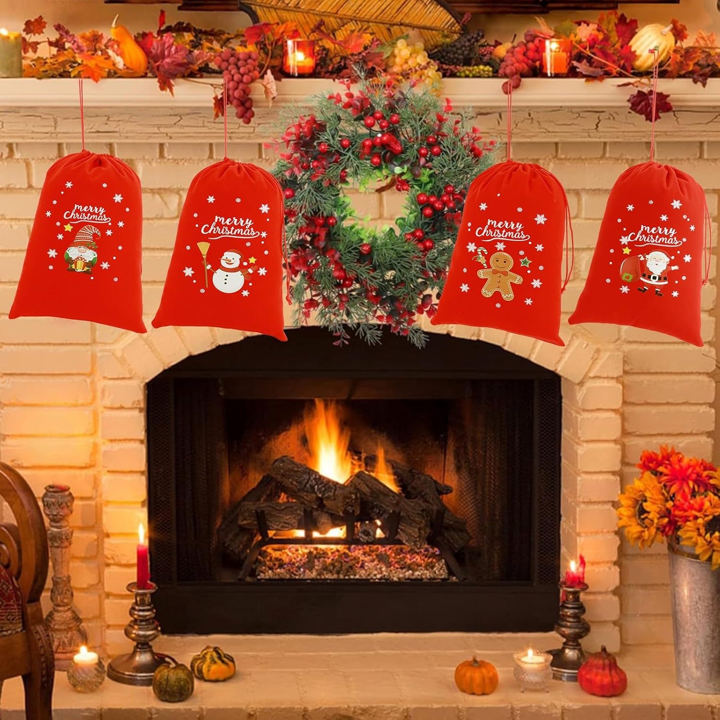 Tapleap Velvet Coth Christmas Bags with Drawstring, 50Pcs 7x10 for Wrapping Christmas Party Favors or Gifts for Friends, Small Bussiness, Coworkers