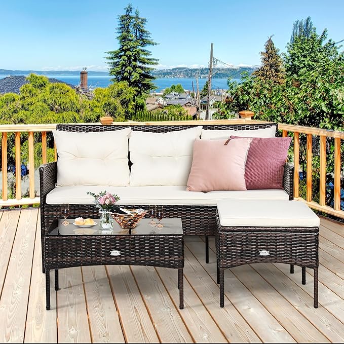 Tangkula 3 Pieces Patio Conversation Set, Outdoor PE Rattan Wicker Furniture - Image 4