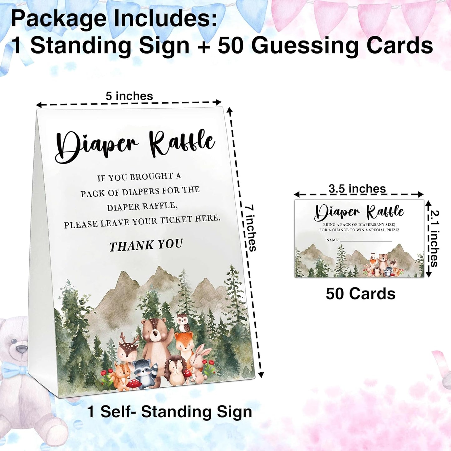 Woodland Baby Shower Game, Jungle Animal Safari 50 Diaper Raffle Tickets with 1 Standing Sign for Gender Neutral Shower - A04