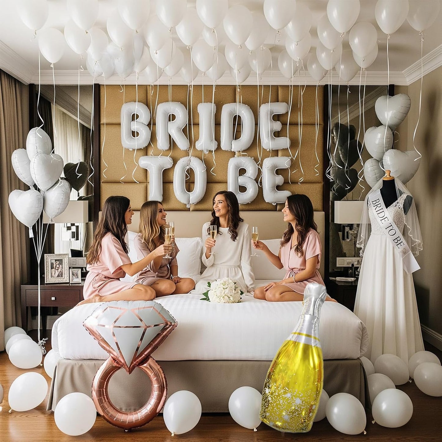 Classic pearl white Bridal Shower party decorations elegan White balloons Bridal Veil BRIDE TO BE Balloons Sash with Diamond Ring Heart Champagne Balloons Bridal Veil for Bachelorette Party Supplies