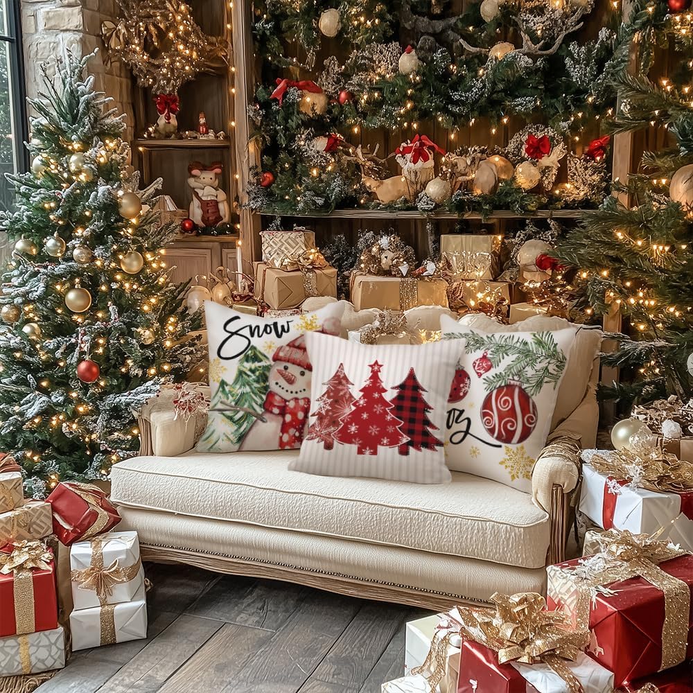 GEEORY Winter Christmas Throw Pillow Covers 18 x 18 Inch Set of 4, Xmas Trees Snowflake Snowman Joy Holiday Farmhouse Decorative Cushion Cases for Home Decoration G583-18