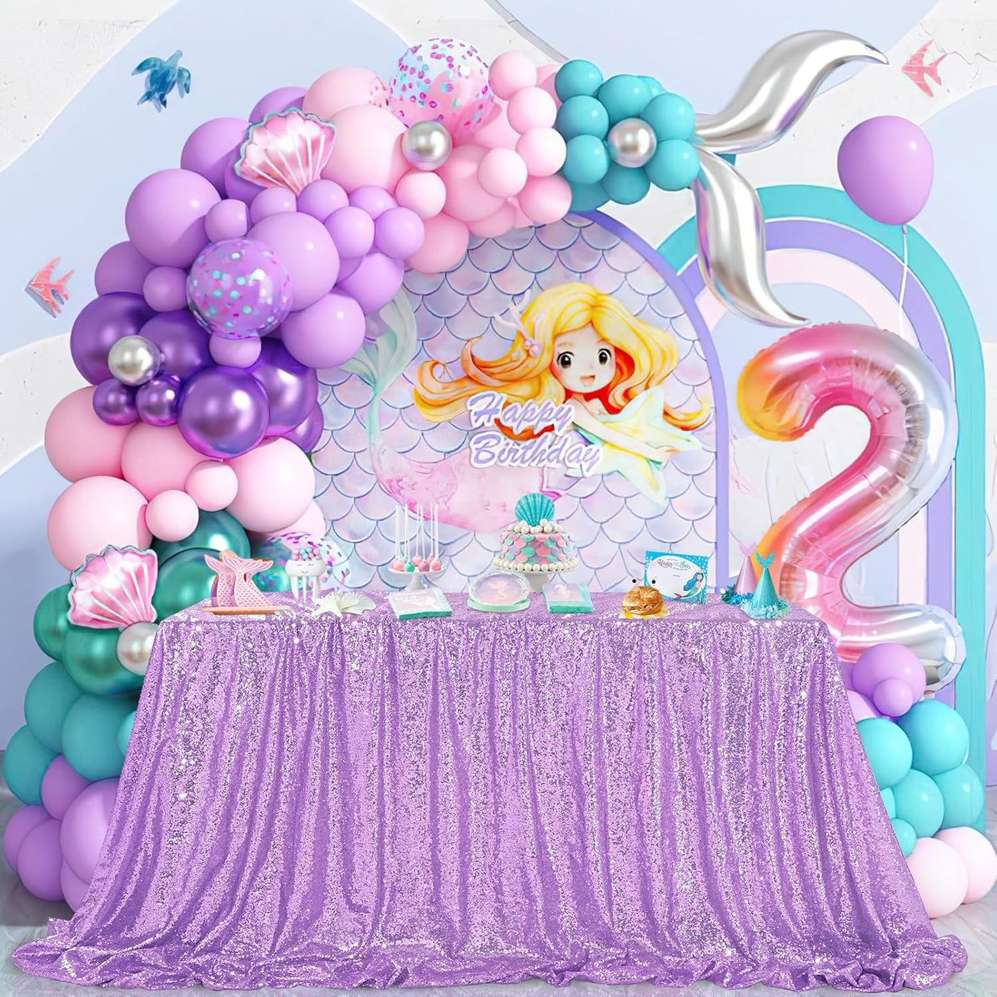 QueenDream Tablecloth 90x156 Rectangle Sequin Tablecloth Lavender Wedding Table Linens Glitter Birthday Bridal Party Indoor Outdoor Decorations