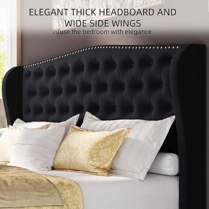 BRELTAM Upholstered Queen Size Bed Frame Velvet Black Tufted Platform Bed Frame - Image 3