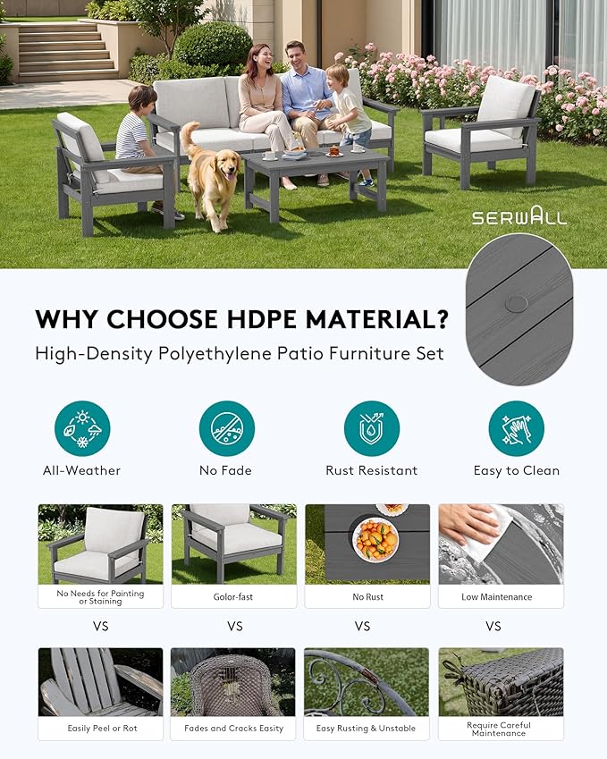 SERWALL HDPE Patio Conversation Set, 6-piece Sectional Outdoor Furniture Set - Image 3