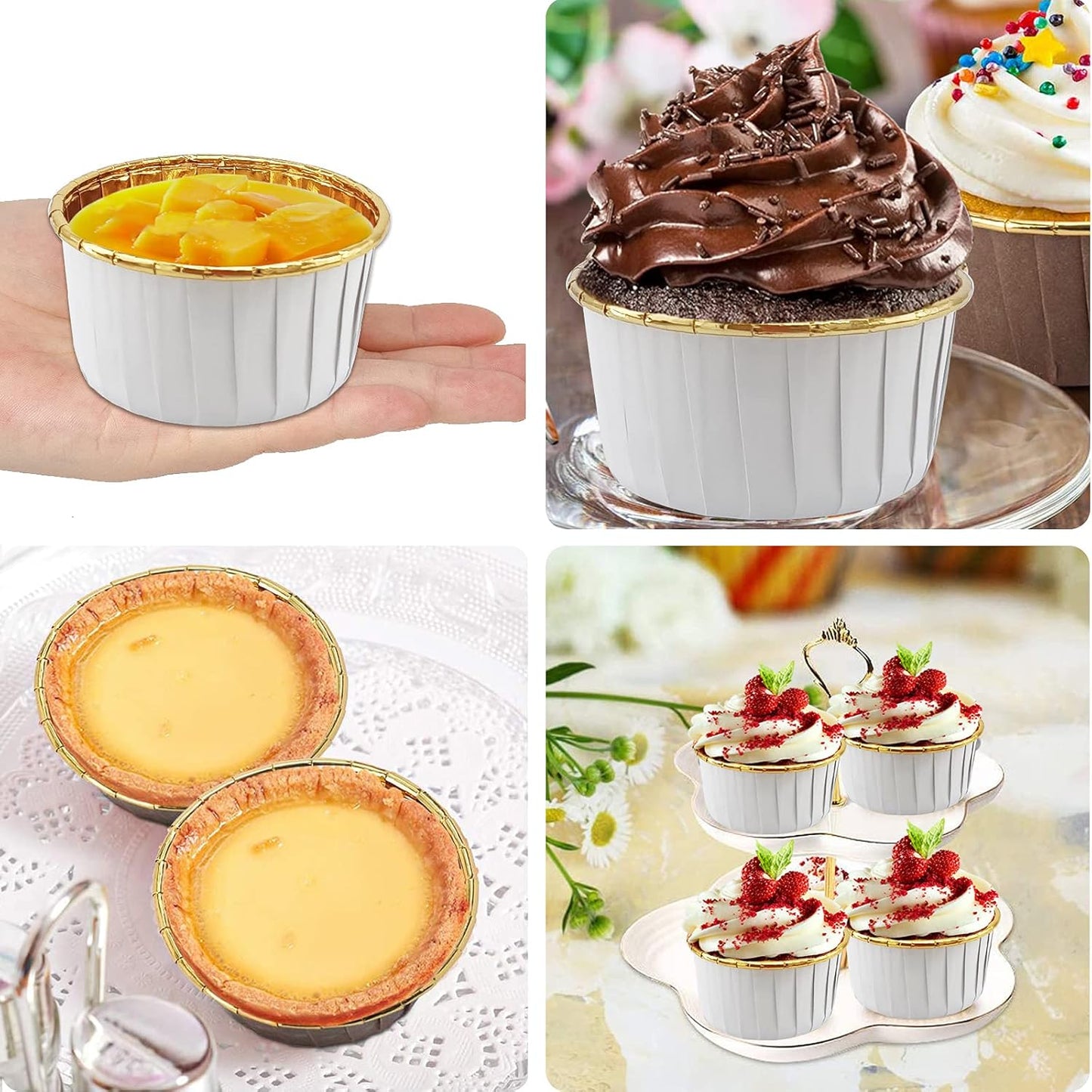 50 Pack Jumbo Cupcake Cups with Lids,LNYZQUS 5oz Foil Cupcake Muffin Liners,Disposable Ramekins Pans Muffin Tins,Large Baking Cups Cupcake Wrappers Holders -White in gold