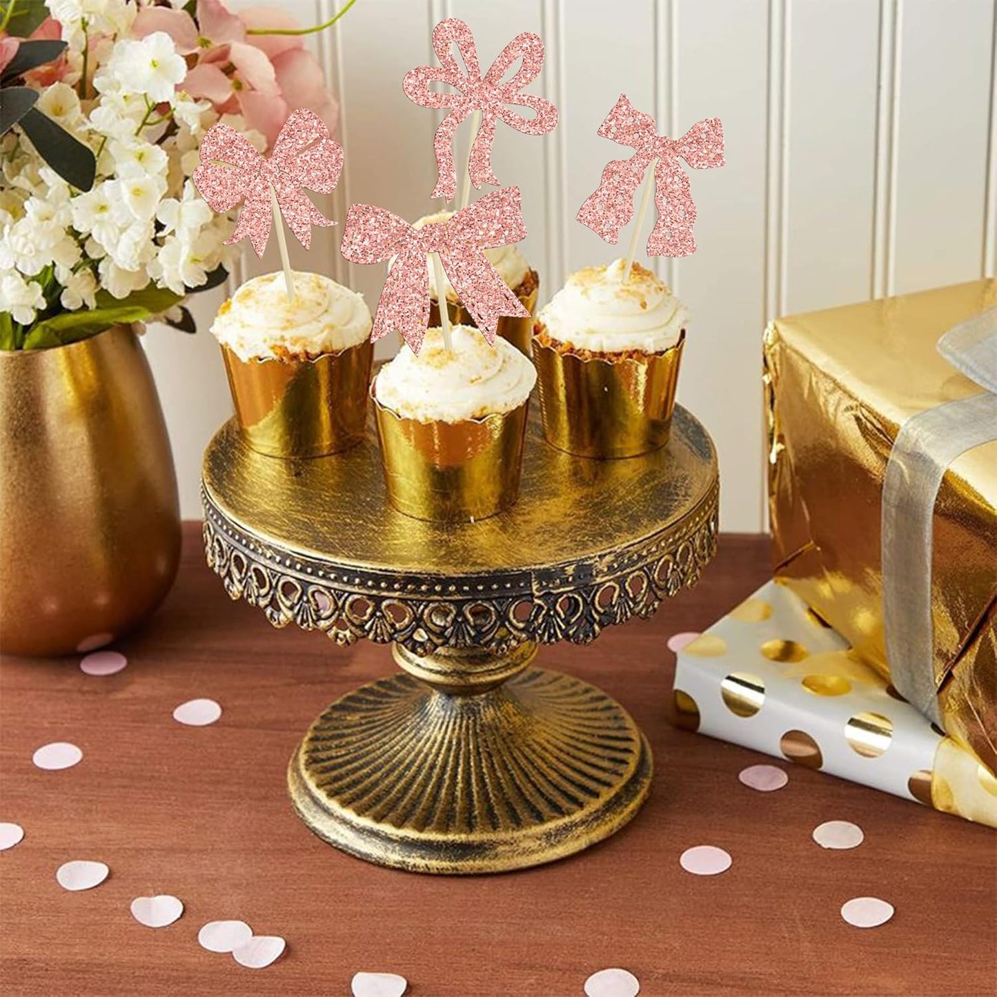 Ephlyn 24Pcs Bow Cupcake Toppers Bow Birthday Cake Topper Girls Birthday Party Decorations Bowknot Cupcake Decorations for Bridal Baby Shower Birthday Wedding Themed Party Rose Gold