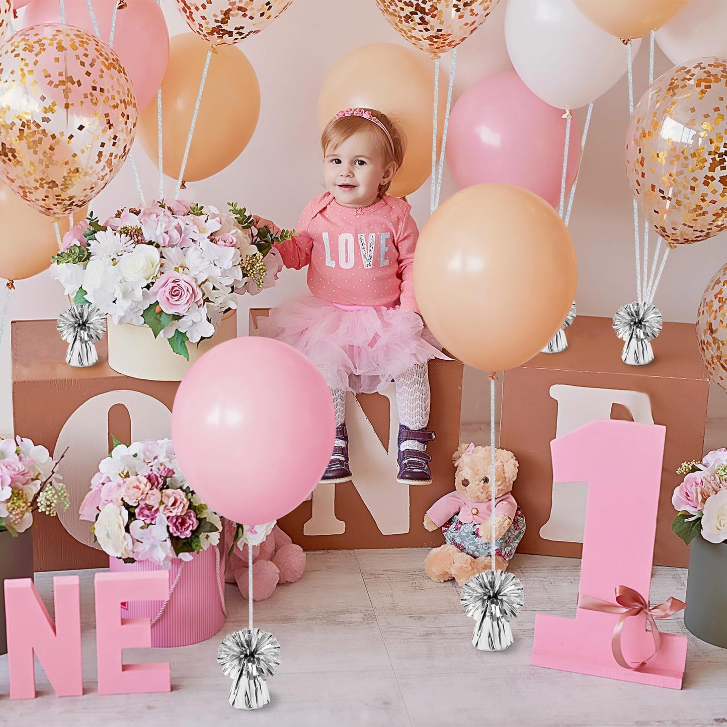 24 PCS Balloon Weights Metallic Anchor, Balloon Holder Heavy Weights with and 1 Roll Iridescent Crimped Ribbon for Balloons Table Party Favor Birthday Decor(Silver)