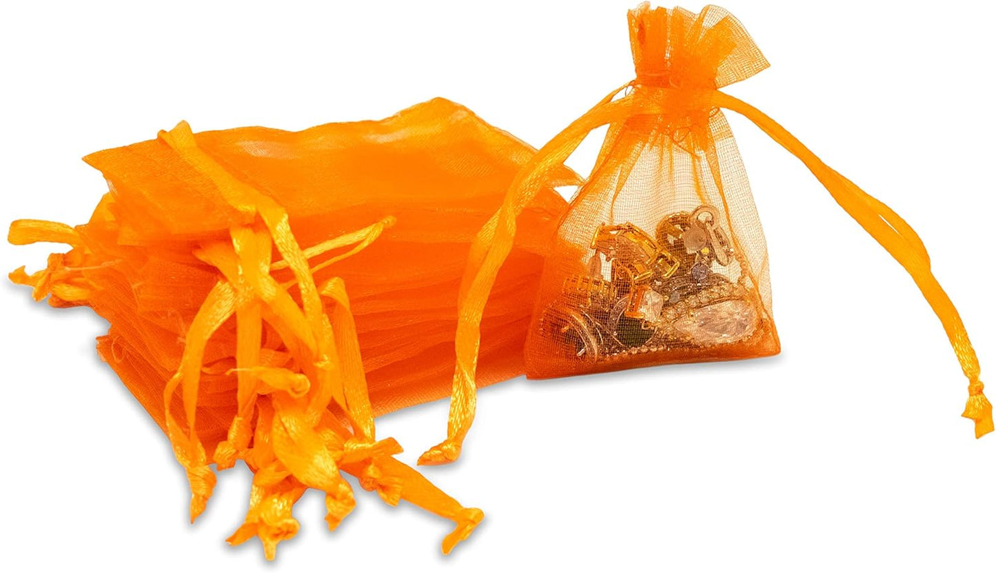 TheDisplayGuys 48-Pack 2" x 2-3/4" Orange Sheer Organza Gift Bags with Drawstring, Jewelry Candy Treat Wedding Party Favors Mesh Pouch