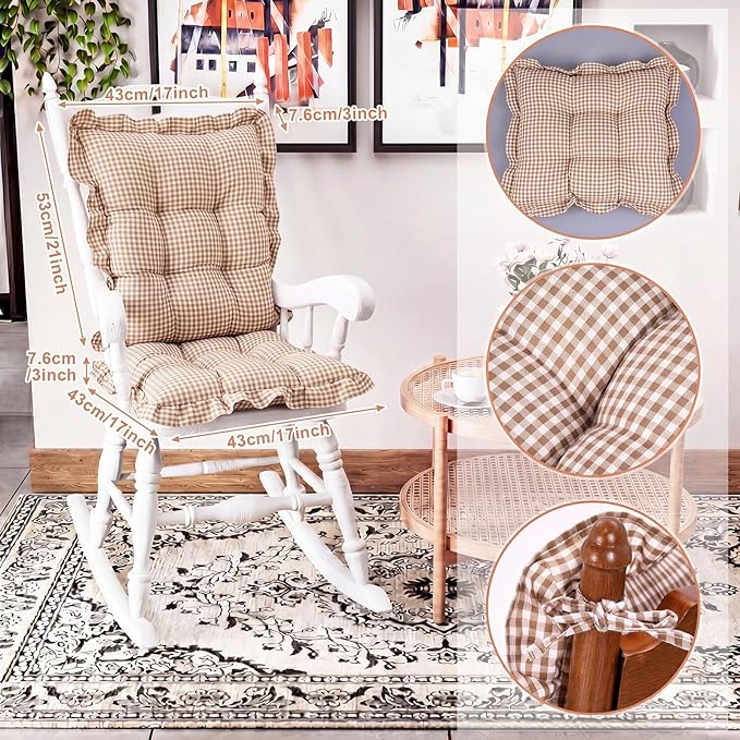 Lewtemi 2 Set Brown Gingham Rocking Chair Cushion Village Ruffled Rocking Chair - Image 2