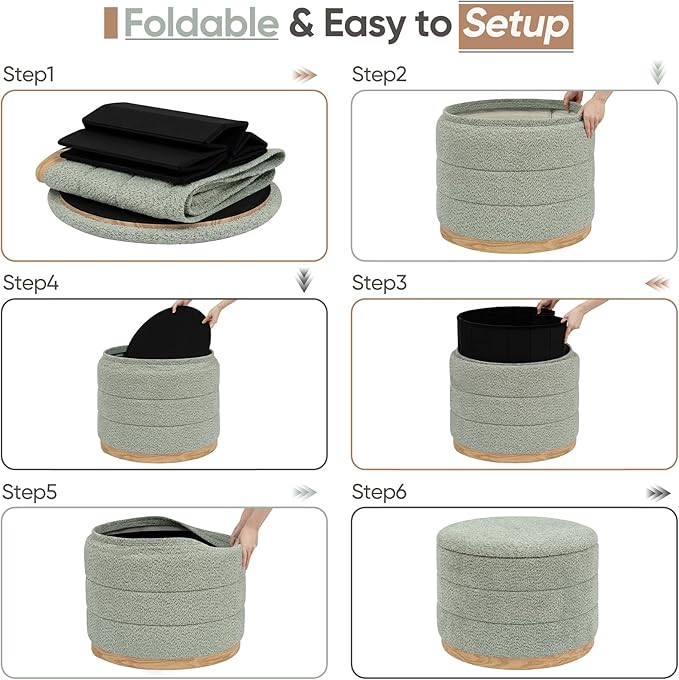Round Storage Ottoman with Tray Lid, Folding Chenille Fabric Footrest with - Image 7