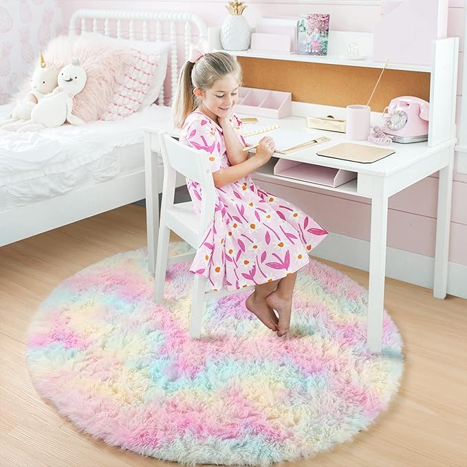 Amdrebio Rainbow Fluffy Round Rug 5Ft Kids Rugs - Image 7