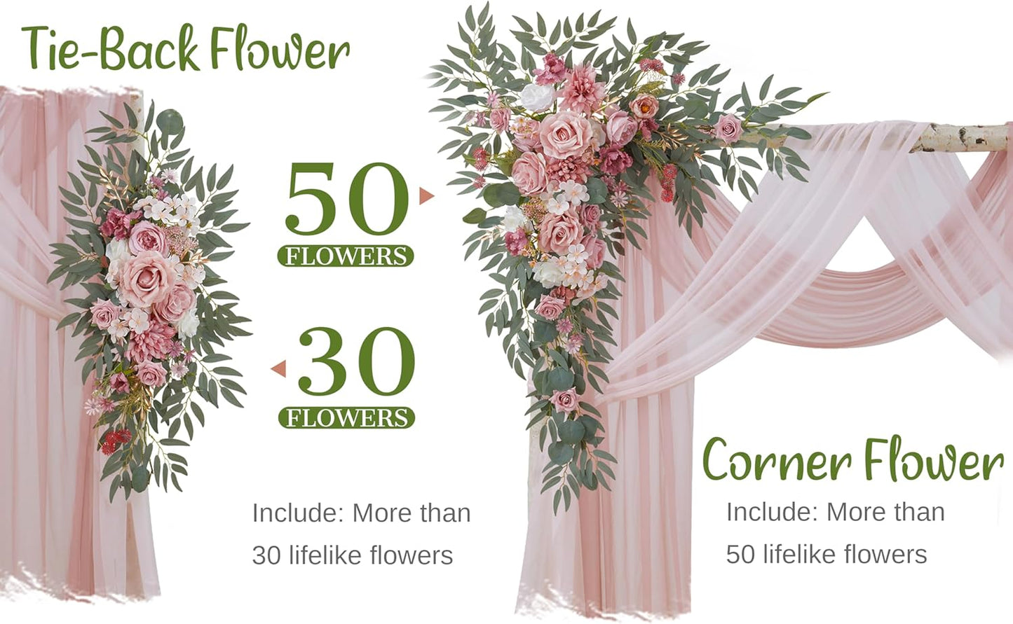 Wedding Arch Flowers with Drapes Kit (Pack of 4) - 2pcs Artificial Dusty Rose Deluxe Swag with 2pcs Sheer Drapes for Wedding Ceremony Arbor Reception Backdrop Rose Floral Decoration