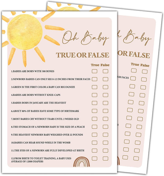YSTEP Boho Sunshine 30 Oh Baby True or False Game Cards with 1 Answer Card, Gender Reveal Party Supplies Favors (5"x7") - D03