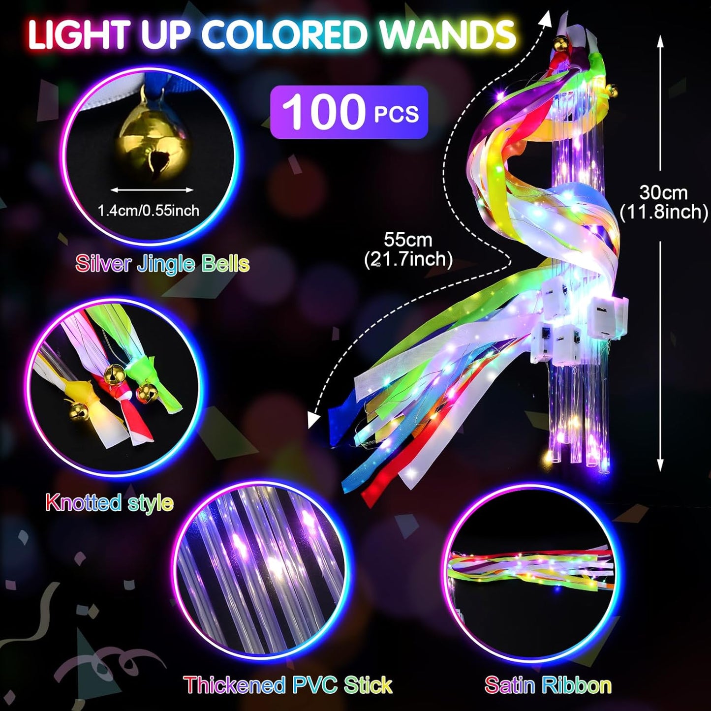 100 PCS Light Up Wands for Wedding, Wedding Favors with 3 Colorful Flashing Modes, LED Silk Fairy Wands with Bells for Wedding, New Year, Raves, Concert, Birthday, Party Streamers