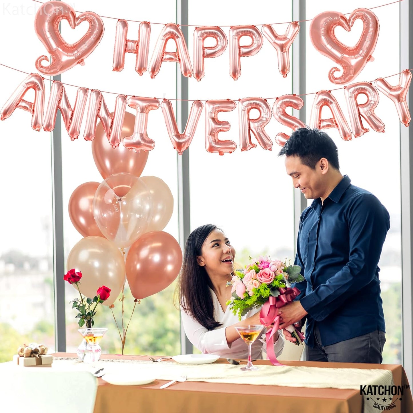 KatchOn Rose Gold Anniversary Balloons - 18 inch Letters, Hook Heart | Rose Gold Anniversary Banner & Backdrop