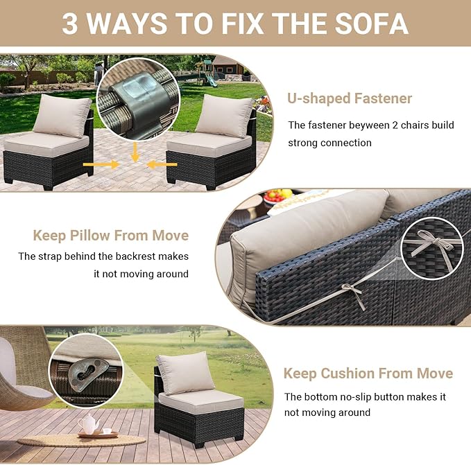 Jing's Villa 2 Piece Outdoor Wicker Armless Sofa, Patio Rattan Sectional Sofa - Image 5