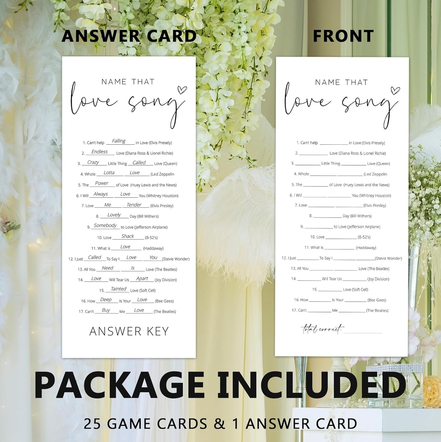 Bridal Shower Games, Name that Love Song, 25Pcs 4x9inch Minimalist White Double-Sided Bridal Game Cards with 1 Answer Key, Wedding Shower Games for Guests, Engagement Bachelorette Party Supplies - A06