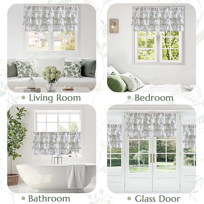 jinchan Ruffled Floral Valance Linen Shabby Chic Small Window Curtain 18 Inch - Image 4