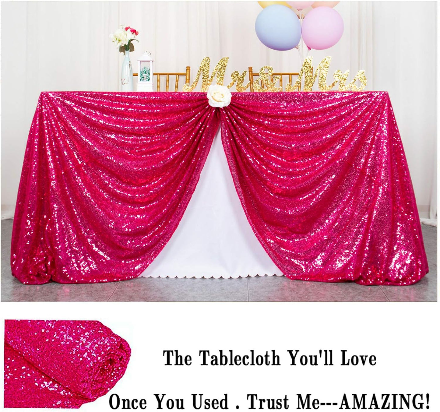 ShinyBeauty Sequin Tablecloth 72x72-Inch Hot Pink Square Sequin Table Cover Glitter Table Cloth for Parties Fuchsia Sparkly Linens for Weddings Bridal Shower Birthday Party Event Decor