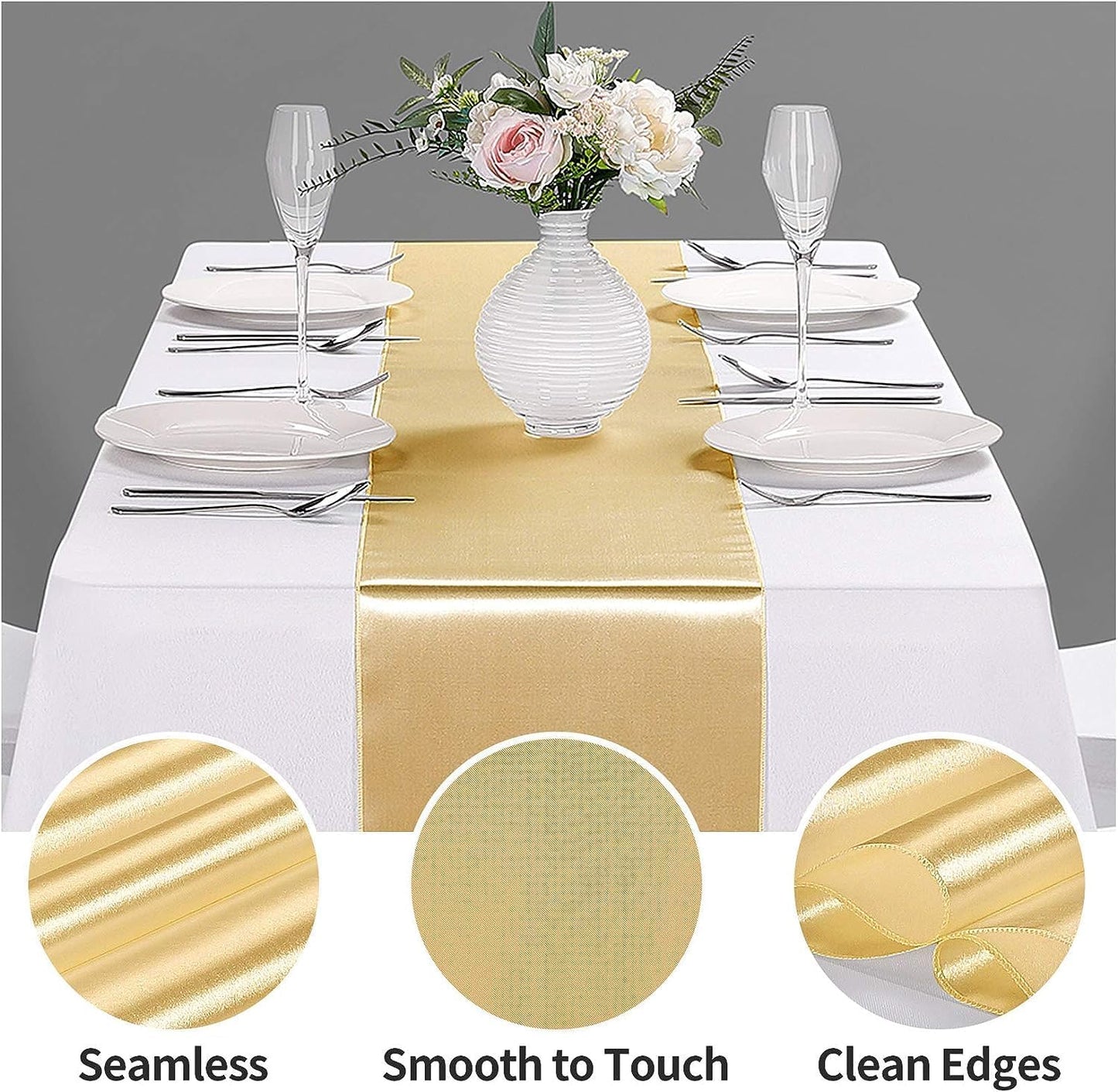 15-Pack Satin Table Runner Light Gold 12 x 108 inches Long, Table Runners for Wedding, Birthday Parties, Banquets Decorations（15 Pack, 12x108 Inch, Light Gold）