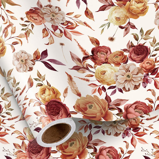 RUSPEPA Fall Floral Wrapping Paper Roll for Women Girls, Mini Roll, Vintage Rose and Autumn Bloom Bouquet Design Gift Wrap for Thanksgiving, Wedding, Birthday, Bridal Shower, 17 Inches x 16.4 Feet