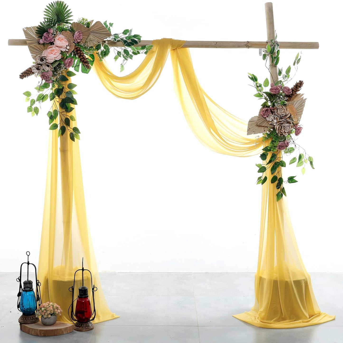 VDS Pack of 2 Panel (30 Inch X 100 Feet) Wedding Arch Draping Fabric Sheer Chiffon Fabric Drapery for Wedding Ceremony Reception Swag Backdrop Canopy Chuppah ARBO Altars Decoration (Gold)