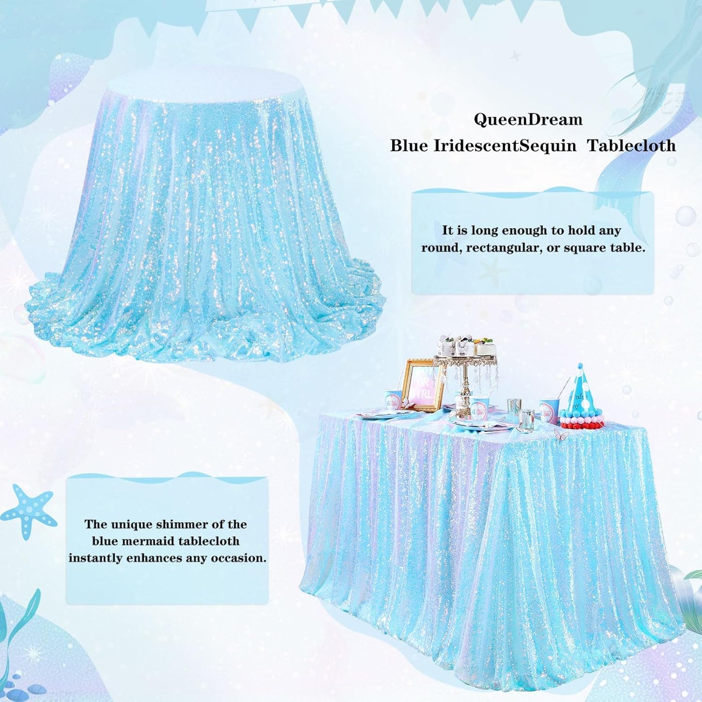 QueenDream Mermaid Blue Tablecloth 90x156 Inches Rectangle Tablecloths Sequin Iridescent Disco Party Decorations