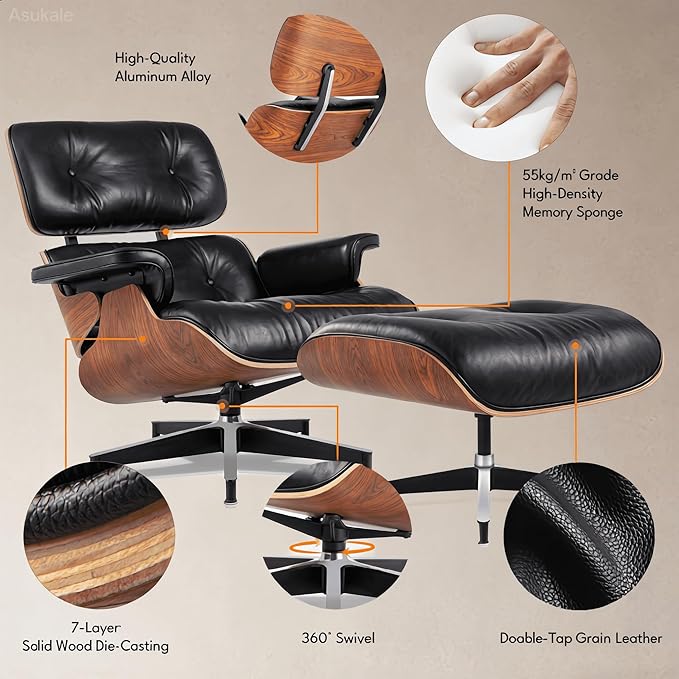 Top Black Grain Leather, Mid Century Chaise Lounge Chair and Ottoman, Leather - Image 5
