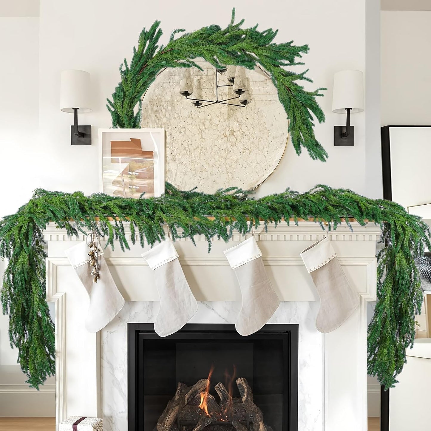 Hananona 2 Pcs 6 Ft Artificial Norfolk Pine Garlands, Realistic Pine Garland, Green Artificial Greenery Garland for Table, Mantle, Wall, Indoor, Outdoor Winter Christmas Decorations (2, 6 FT)