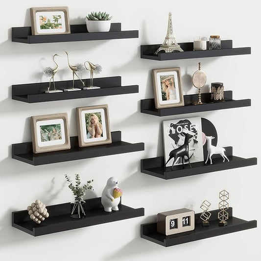 Floating Picture Ledge Shelves Set of 8, 16 Inch Solid Wood Wall Shelves by FLYJOE