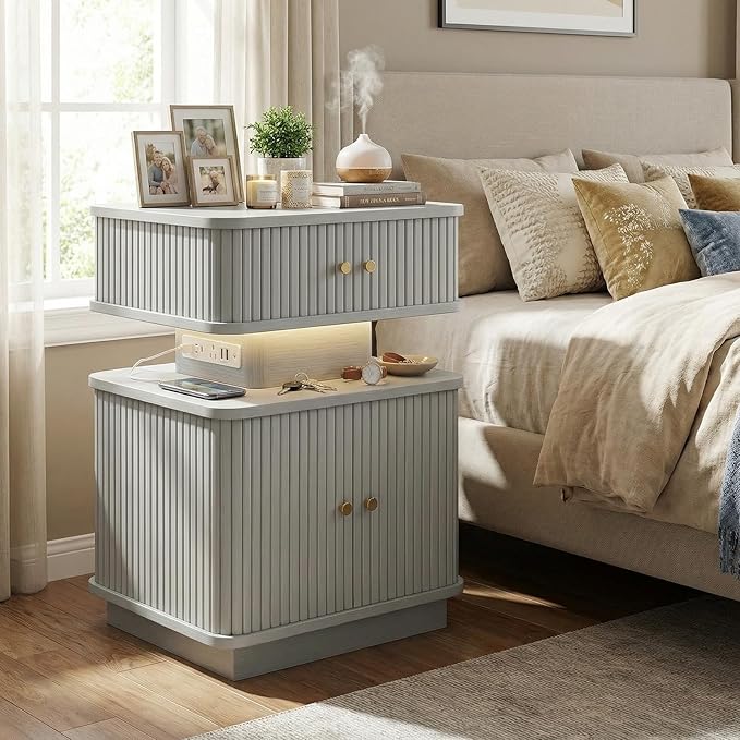 Nightstand with Charging Station, Modern Night Stand with Smart Led Light and 2 - Image 3