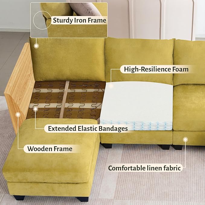 124" Modular Sectional Sofa, Modern Linen U-Shaped 6 Seater Sectional Sofa - Image 5