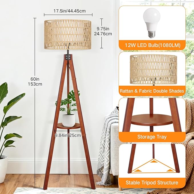 OUTON Boho Rattan Tripod Floor Lamp - Image 6
