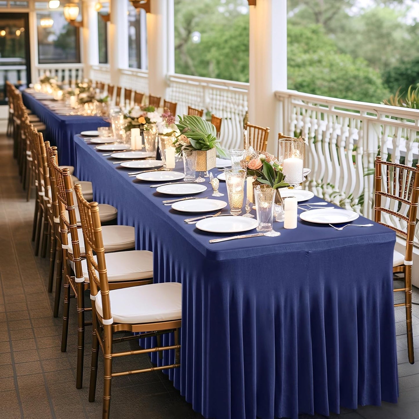 6 Pack Navy Blue Stretch Spandex Table Clothes for 6 Foot Rectangle Tables, 6FT Wrinkle Free Fitted Tablecloths Ruffles Design Table Cover for Party, Banquet, Wedding and Events