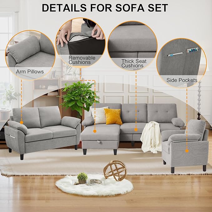 84" Convertible Sectional Sofa Set, 3 Seat L Shaped Couch - Image 4