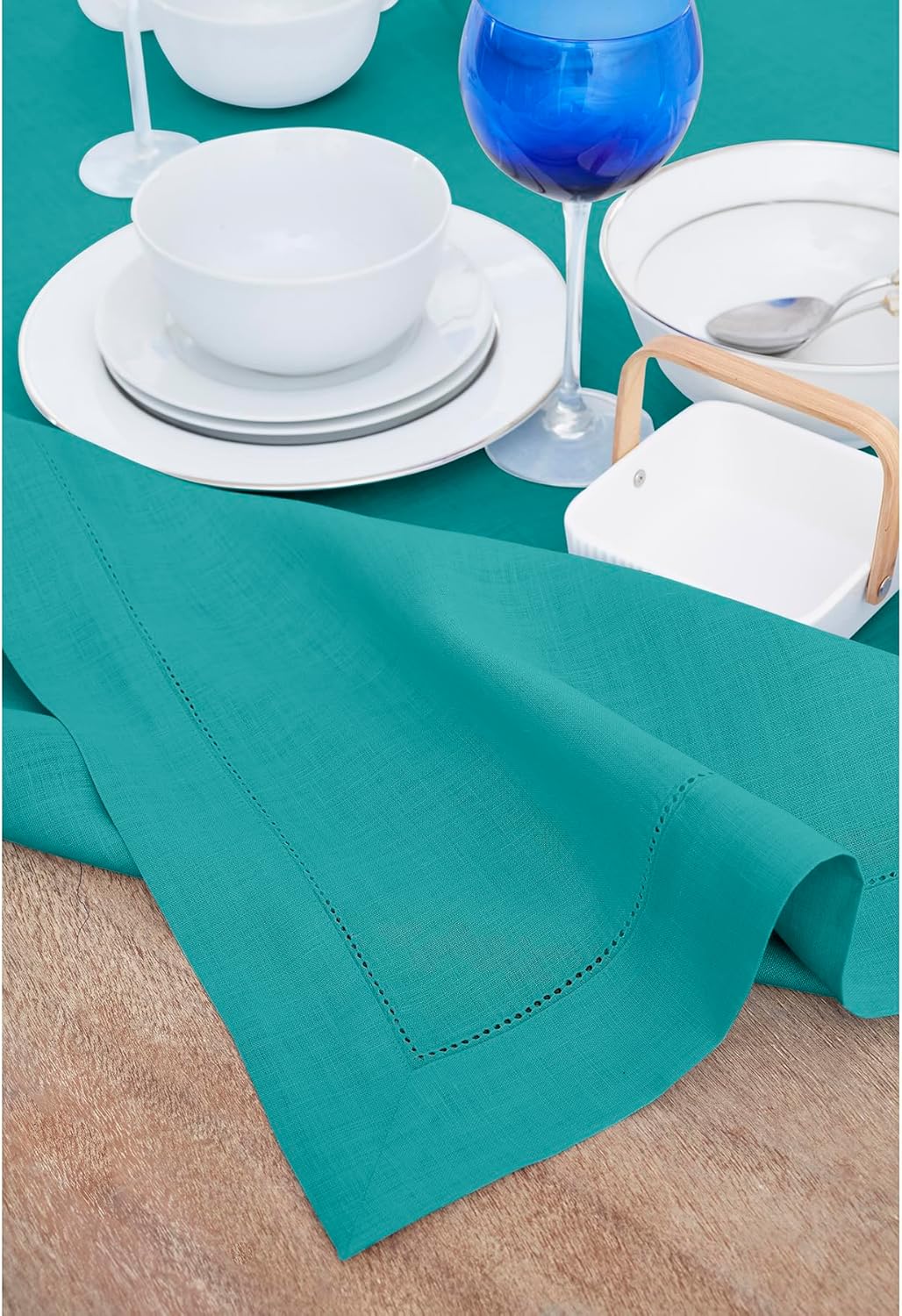Solino Home Linen Tablecloth 60 x 132 Inch - Classic Hemstitch 100% Pure Linen Teal Table Cloth for Rectangle Tables - Machine Washable Tablecloth for Fall, Autumn