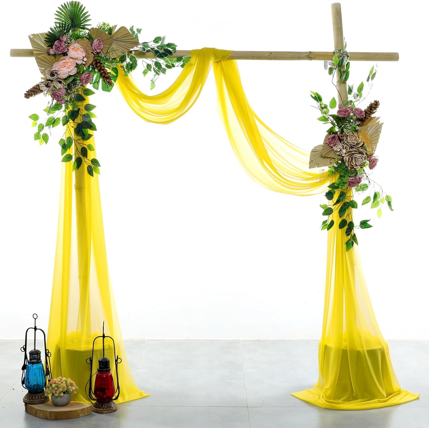 VDS Pack of 2 Panel (30 Inch X 20 Feet) Wedding Arch Draping Fabric Sheer Chiffon Fabric Drapery for Wedding Ceremony Reception Swag Backdrop Canopy Chuppah ARBO Altars Decoration (Yellow)